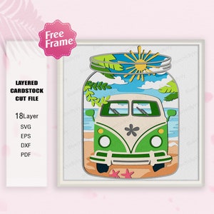 May include: A layered cardstock cut file design of a green vintage van inside a mason jar with a beach scene, palm trees, a sun, and clouds. The design is labeled "18Layer" and includes the file types SVG, EPS, DXF, and PDF.