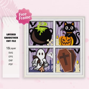Fenêtre fantôme sorcière Halloween Shadow Box Svg, boîte Halloween 3D, svg sorcière fantôme, Halloween fantôme, chat d'Halloween, pour fichier Cricut, décoration d'Halloween