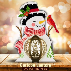Bonhomme de neige et lanterne cardinale Svg, boîte ombre bonhomme de neige, lanterne papier découpé, lanterne bonhomme de neige, boîte 3D de Noël, joyeux Noël, décoration de Noël, K33