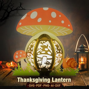 May include: A Thanksgiving lantern shaped like a mushroom with a cut-out design of mushrooms and leaves. The lantern is made of wood and has a warm, golden glow. The lantern is surrounded by smaller mushrooms and leaves.