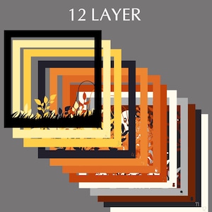 May include: A layered design with 12 frames, each with a different color and pattern. The frames are arranged in a cascading pattern, with the largest frame at the top and the smallest frame at the bottom. The colors in the design are black, white, yellow, orange, and brown.