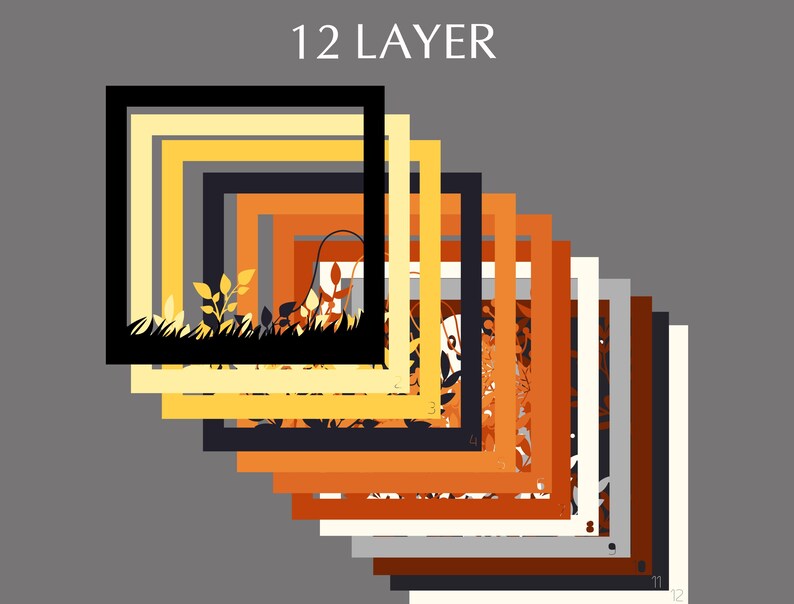 May include: A layered design with 12 frames, each with a different color and pattern. The frames are arranged in a cascading pattern, with the largest frame at the top and the smallest frame at the bottom. The colors in the design are black, white, yellow, orange, and brown.