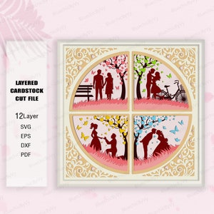 Paar Jahreszeiten Baum Schattenbox SVG, Valentinstag Schattenbox, Hochzeitspaar Licht Box SVG, Hochzeitspaar 3D Box, Valentinstag Paar Geschenke svg