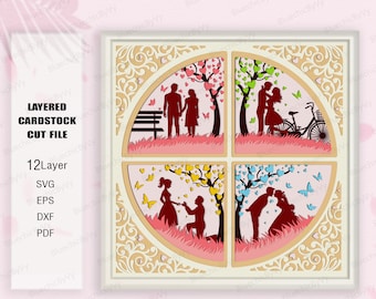 Couple Seasons Tree Shadow Box SVG, Valentine's Shadow Box, Wedding Couple Light box SVG, Wedding Couple 3D Box, Valentine Couple Gifts svg