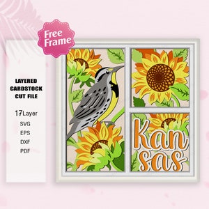 Kansas Flower e Western Meadowlark Shadow Box SVG, Kansas Flower 3D Box, Girasole in formato svg, Per file cricut, Kansas Flower e Bird Decor