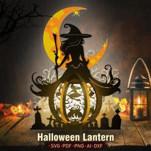 May include: A decorative Halloween lantern featuring a black silhouette of a witch standing before a large yellow crescent moon. The lantern base displays a graveyard scene with tombstones and a central glowing pumpkin design with cutouts.