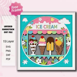 May include: A layered cardstock cut file featuring an ice cream shop design with the text ICE CREAM. The artwork includes a sundae, a cone, a popsicle, and a scoop in a waffle cone, surrounded by colorful flowers and clouds in a circular frame.