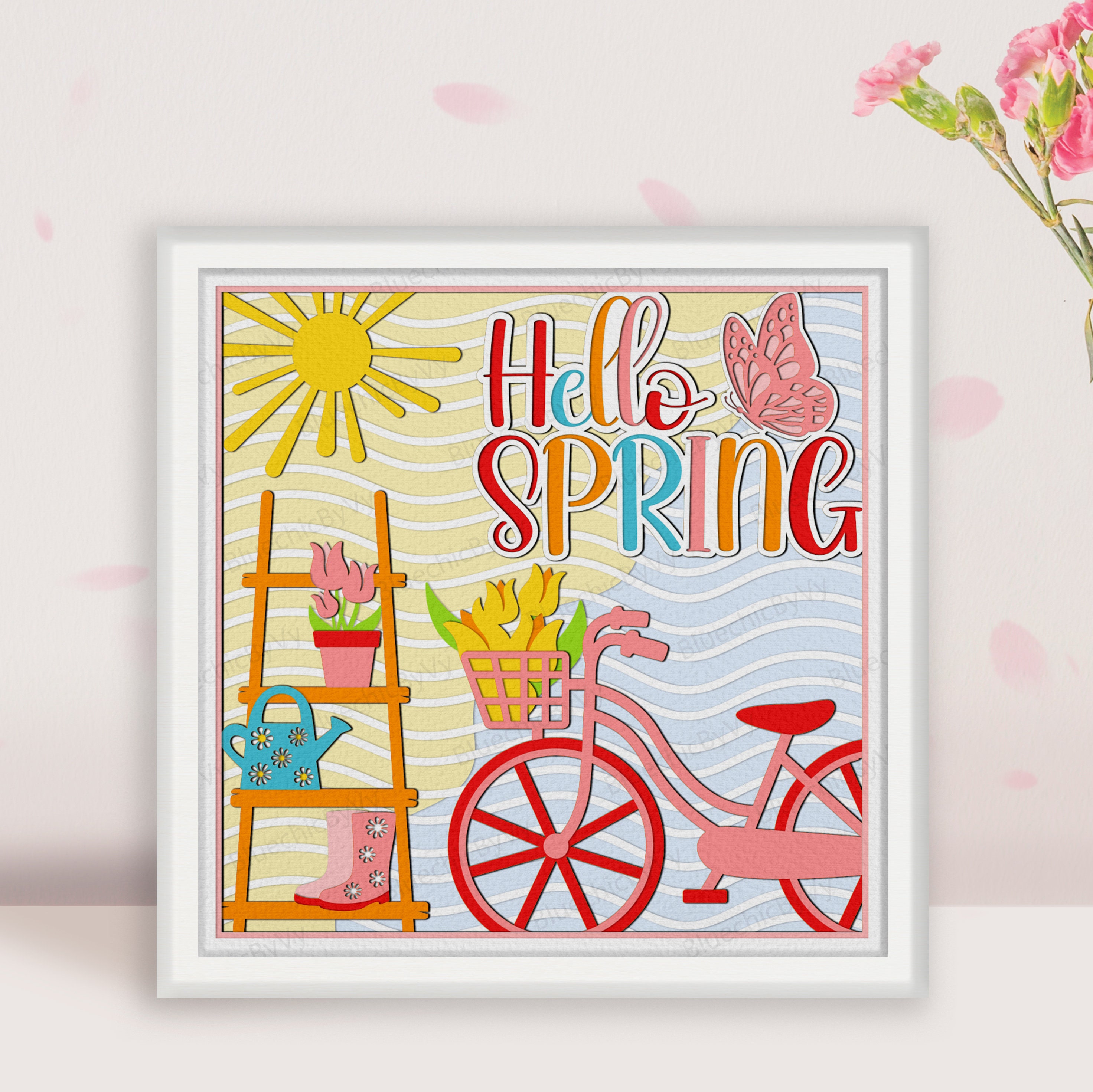 Hello Spring Signature Box Hello Spring Shadow Box SVG, Spring Garden Shadow Box, Spring Bicycle ...