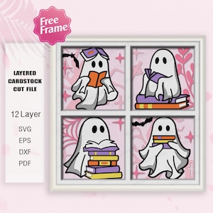 May include: Four layered cardstock cut files of a ghost reading a book. The ghosts are in different poses, with one sitting on a stack of books. The background is pink with a white frame.