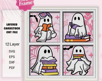 Shost Cute reading Book Shadow Box Svg, Shost 3D Box, Ghosts reading svg,Ghosts svg, Ghost Halloween, Halloween Cricut File, Halloween Decor