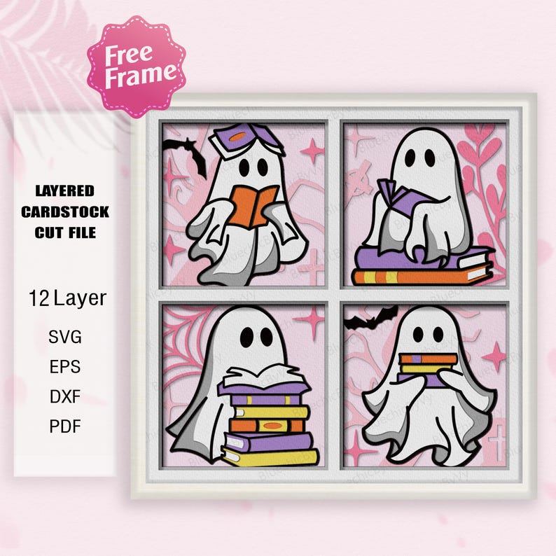 May include: Four layered cardstock cut files of a ghost reading a book. The ghosts are in different poses, with one sitting on a stack of books. The background is pink with a white frame.