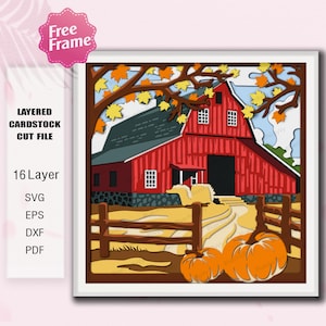 May include: A layered cardstock cut file depicting a red barn with a dark grey roof, set against a blue sky and autumn leaves. Two orange pumpkins are in the foreground. The image includes the text "Free Frame" and "16 Layer".
