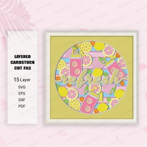 May include: A layered cardstock cut file design featuring a circle with the word "refresh" in a stylized font. The circle is filled with lemons, limes, and mason jars with pink lemonade. The background is a yellow and blue striped pattern.