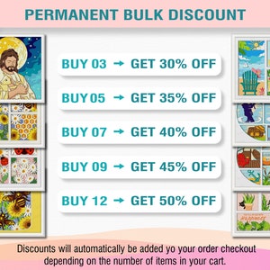 May include: A promotional graphic with the text "PERMANENT BULK DISCOUNT" is shown. It features framed art with religious, floral, and summer themes. The graphic lists discount tiers: Buy 03 get 30% off, up to Buy 12 get 50% off. Discounts are automatically applied.