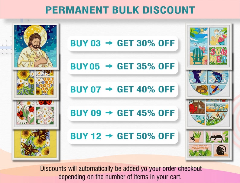 May include: A promotional graphic with the text "PERMANENT BULK DISCOUNT" is shown. It features framed art with religious, floral, and summer themes. The graphic lists discount tiers: Buy 03 get 30% off, up to Buy 12 get 50% off. Discounts are automatically applied.