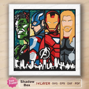 May include: A multi-layered shadow box art piece featuring four comic book characters: the green Hulk, Captain America in blue, Iron Man in red and gold, and Thor with blonde hair. A white Avengers logo sits over a black city skyline silhouette.