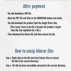 May include: A step-by-step guide on how to download and unzip a product's SVG file after payment. The instructions include downloading a PDF file, clicking on a download button, and extracting the Winrar file.