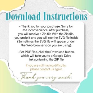 May include: A digital download instructions graphic with a torn paper effect. The text reads "Download Instructions" in teal, followed by steps for accessing files, including unzipping and using a Google Drive link. The message ends with "Thank you very much."