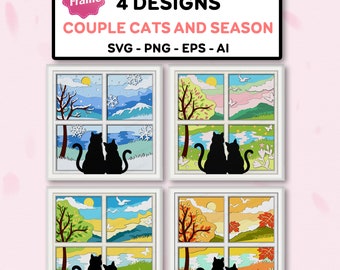 Caja de sombras para ventana con diseño de pareja de gatos y estaciones (SVG), caja 3D con diseño de gato, gatos e invierno, caja 3D con diseño de gato, gatos y primavera, SVG de gato, decoración de gatos