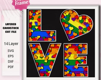 Rainbow Love Shadow Box, Heart Layered Papercut Template, Colorful Pride Light Box, LGBTQ Home Wall Decor, Romantic Gift Idea /K728