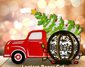 Red Truck Christmas Tree Lantern SVG, Vintage Holiday Papercraft Lightbox, Festive Winter Decor, Christmas Decor, Kids Gift Idea /K968