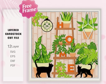 Home Plants and Cat Shadow Box Svg, Cat and plants 3D Box, Cat and Plants Light Box svg, For Cricut, Shadow Box Gift, Home plants and Cat