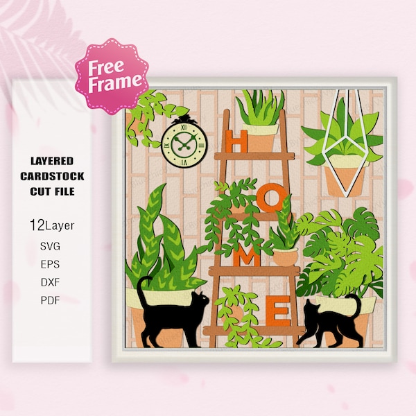 Home Plants and Cat Shadow Box Svg, Cat and plants 3D Box, Cat and Plants Light Box svg, For Cricut, Shadow Box Gift, Home plants and Cat