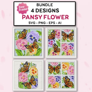 Zestaw Pansy Flower Shadow Box svg, 3d Butterfly Flower, Flower and Butterfly Light Box,Pansy Flower 3D Box,Do pliku Cricut,Pansy Flower SVG