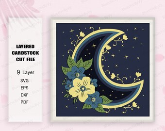 Moon Floral Shadow Box SVG, Moon Shadow box, Light Box Moon Floral SVG, Moon Gift , For cricut, Boho Moon Svg, Moon Night, Moon Floral SVG