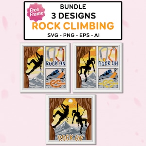 May include: Three digital illustrations of rock climbers in a cave setting. The climbers are silhouetted against a bright orange sky. The illustrations include the text "Rock On".