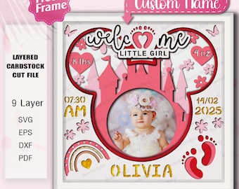 Baby Girl Stats Shadow Box SVG With Custom Name, Birth Info, Footprints And Photo Frame, Layered Newborn Paper Art For Nursery Gift /K537