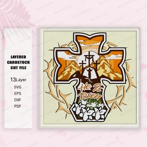 Cruz Él es Resucitado Caja de Sombra SVG, Caja de Sombra Cruzada, Regalo de Pascua, Cruz Él es Caja de Luz Resucitada svg, Decoración de Pascua, Christian Svg, Jesús svg