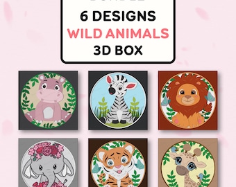 Op de afbeelding: Een set van zes 3D-boxontwerpen met schattige cartoon-wilde dieren. De dieren omvatten een zebra, een leeuw, een giraffe, een tijger, een olifant en een nijlpaard. Elk dier is omringd door groene bladeren en bloemen.