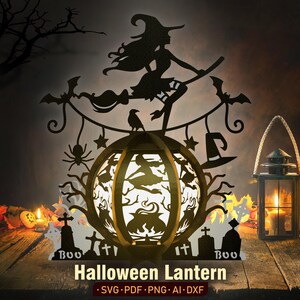 May include: A black metal Halloween lantern shaped like a pumpkin with a witch flying on a broomstick, bats, and a raven. The lantern has a white light inside and the words "BOO" on the bottom.