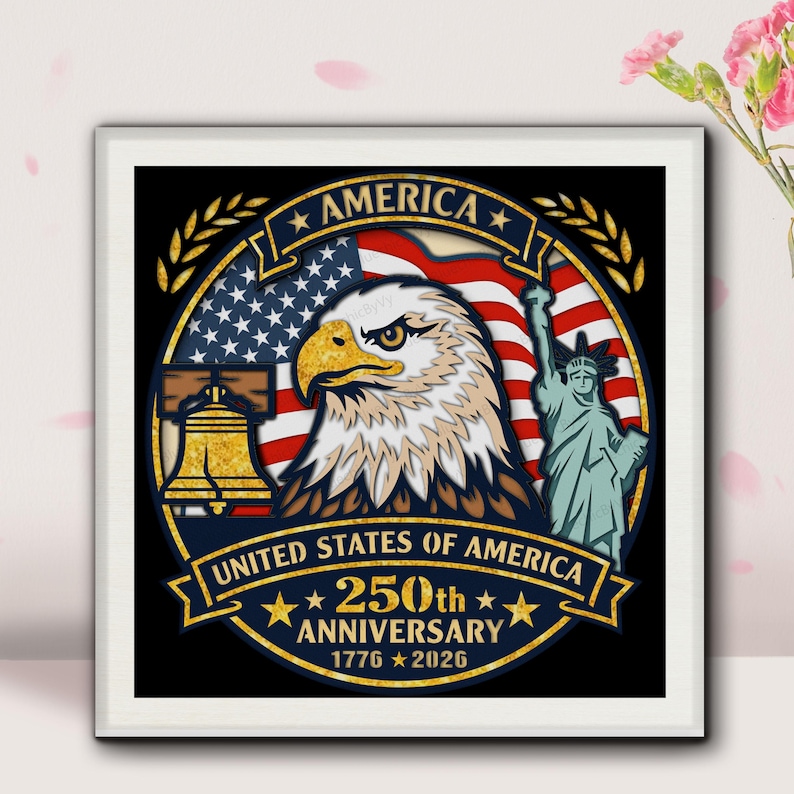 May include: A framed graphic commemorating the 250th anniversary of the United States of America. The design includes the American flag, a bald eagle, the Liberty Bell, and the Statue of Liberty. Text reads "America" and "United States of America 250th Anniversary 1776-2026."