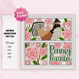 Pennsylvania Fiore e Uccello Ruffed Grouse Shadow Box SVG,Pennsylvania Fiore,Uccello Pennsylvania svg, Per file cricut,Uccello Pennsylvania Decor