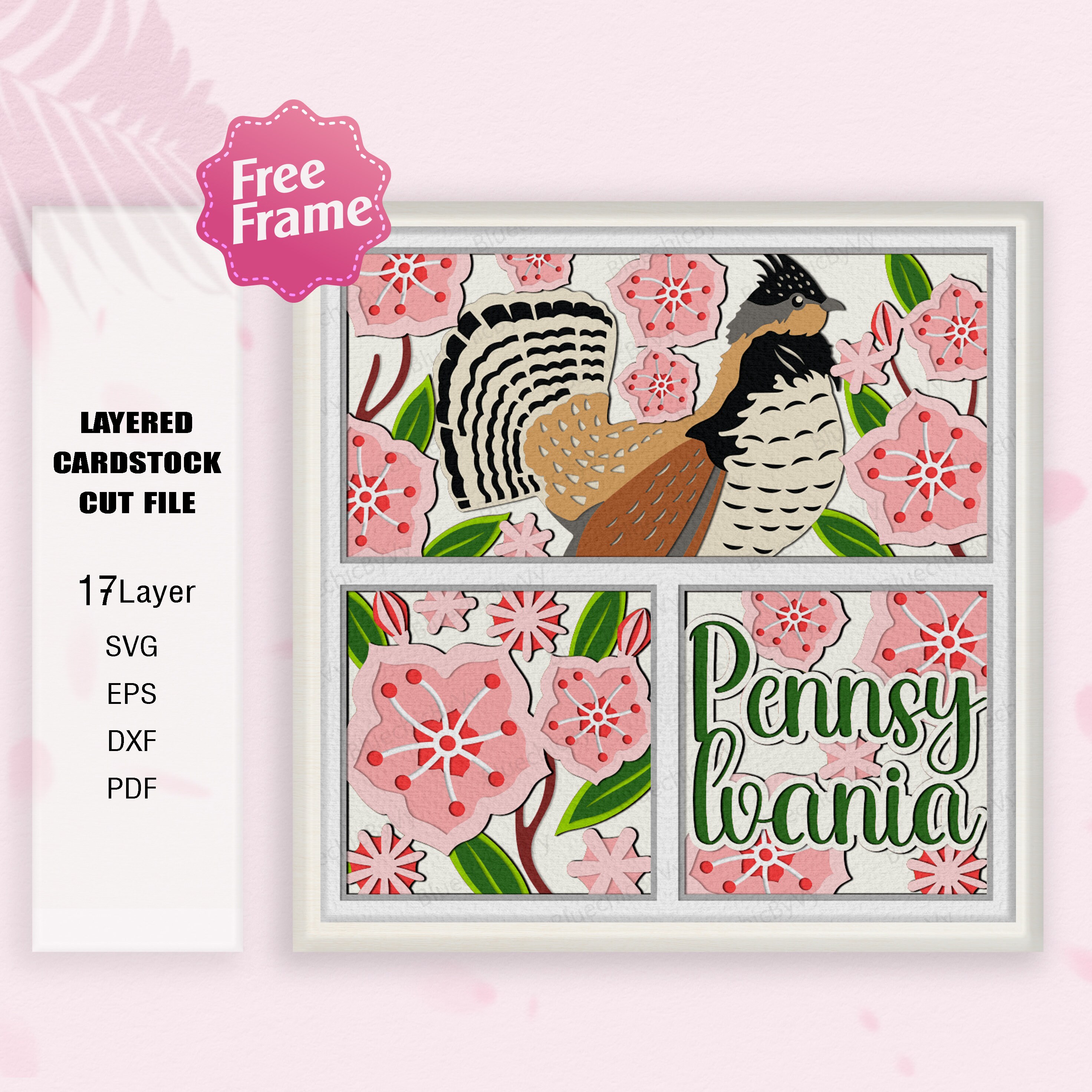 Pennsylvania Flower and Bird Ruffed Grouse Shadow Box SVG,Pennsylvania Flower,Bird Pennsylvania svg, For cricut file,Bird Pennsylvania Decor