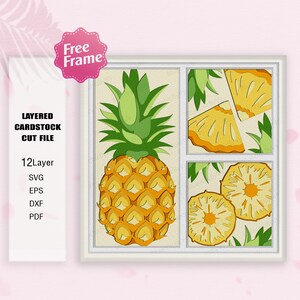 May include: A layered cardstock cut file of a pineapple with a green top and yellow fruit. The pineapple is surrounded by a white frame and a background of green leaves. The file includes 12 layers in SVG, EPS, DXF, and PDF formats.