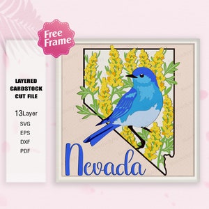Nevada Flower e Bird Shadow Box SVG, Nevada Flower 3D Box, Nevada Bird in formato SVG, Bluebird in formato SVG, Shadow Box Gift, per file cricut
