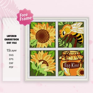 Window Bee kind Shadow Box svg, Bee Sunflowers Shadow Box, Window Bee Light Box Svg, Bee 3D Box, For Cricut File, shadow box Gift, Bee SVG