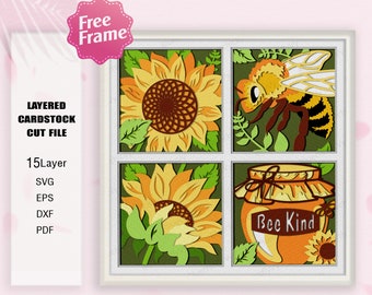 Fenster Biene Art Schattenbox svg, Biene Sonnenblumen Schattenbox, Fenster Bee Light Box svg, Biene 3D Box, für Cricut-Datei, Schattenbox Geschenk, Biene SVG
