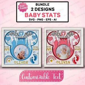 Baby Stats Shadow Box Bundle SVG, personalisierter Neugeborener Junge Mädchen Namensrahmen, Geburts Info Andenken Cut File Set /K538