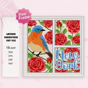 New York Flower e Eastern Bluebird Shadow Box SVG, Bird Rose 3D Box, New York svg, Eastern Bluebird svg, Shadow Box Gift, para arquivo cricut