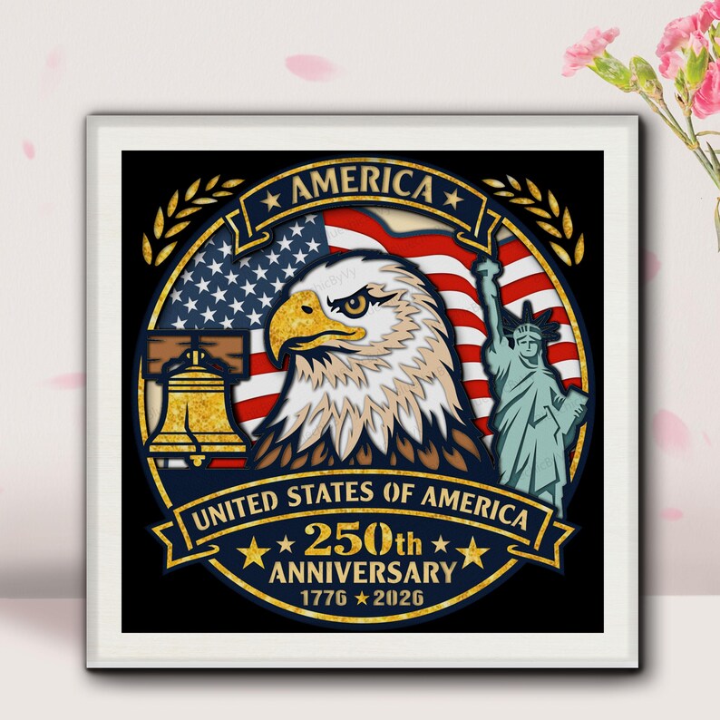 May include: A framed graphic commemorating the 250th anniversary of the United States of America. The design includes an eagle, the American flag, the Liberty Bell, and the Statue of Liberty. Text reads "America" and "United States of America 250th Anniversary 1776-2026."