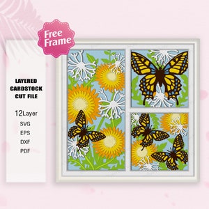 Dente di leone e farfalla Shadow Box SVG, Dente di leone e farfalla Scatola 3D, Decorazione del dente di leone, Per File Cricut, Scatola regalo 3D, Fiori Dente di leone SVG