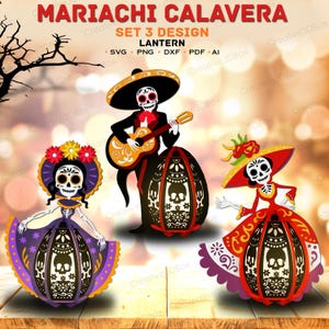 Könnte beinhalten: Ein digitales Design-Set mit dem Titel MARIACHI CALAVERA SET 3 DESIGN LANTERN, das drei Skelettfiguren in traditioneller Kleidung zeigt. Das Set enthält SVG-, PNG-, DXF-, PDF- und AI-Dateiformate. Jede Figur hat einen Laternenfuß mit Totenkopfmotiven.