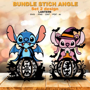 May include: A digital design bundle featuring two lantern illustrations. The left shows a blue creature with bat wings and fangs, the right a pink creature in a witch hat. Both sit atop spherical lanterns with intricate Halloween-themed cutouts.