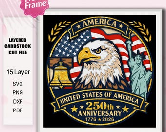 Caja de sombras SVG del 250 aniversario de Estados Unidos, SVG de águila patriótica en capas, caja de luz recortada en papel para el Día de la Independencia de EE. UU., decoración del 4 de julio /H119