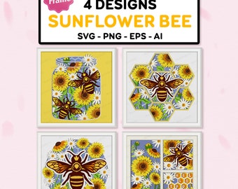Bundle SunFlower Bee Frühling Shadow Box SVG, Für Cricut-Datei, Flower Bee 3D Box, SunFlower Bee svg, SunFlower Bee Dekor