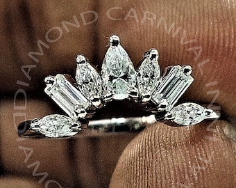 0.91 ペアシェイプアウトラインカーブ結婚指輪、ペアカット無色モアッサナイトバンドスタッカブルハーフエタニティバンド、モアッサナイト結婚指輪ブライダル